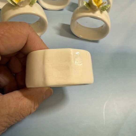 6 Vintage Porcelain Napkin Rings White with Yellow Roses and Green Leaves 2 1/8” - Picture 6 of 12